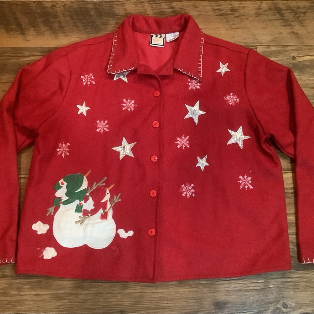 Wool Women's Cardigan Jacket Shirt L Button Front Red Snowman Stars Christmas